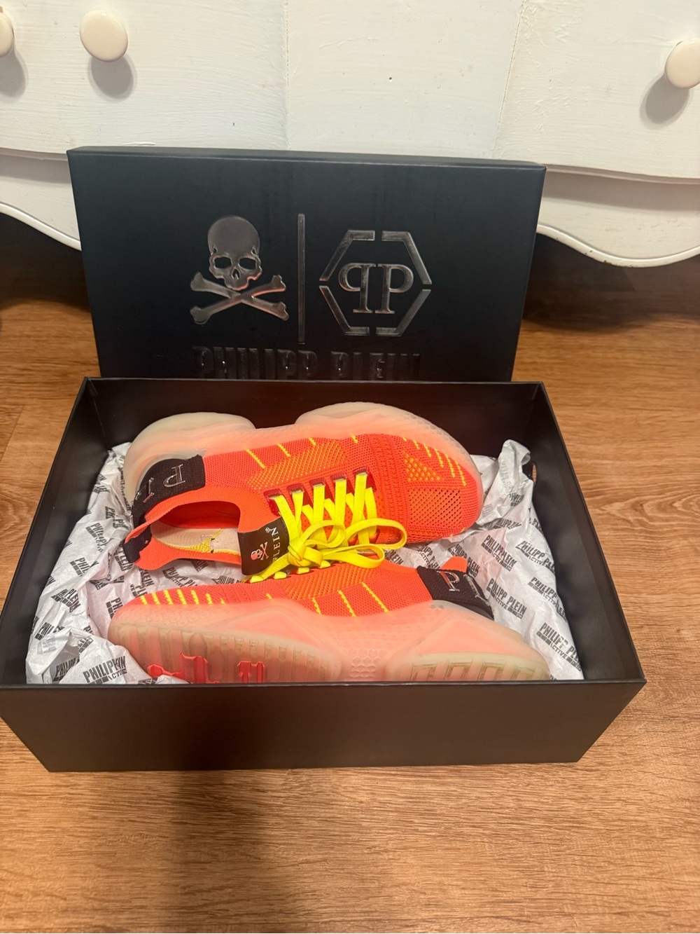 Philipp Plein Bright Orange Knit Sneakers with Yellow Laces